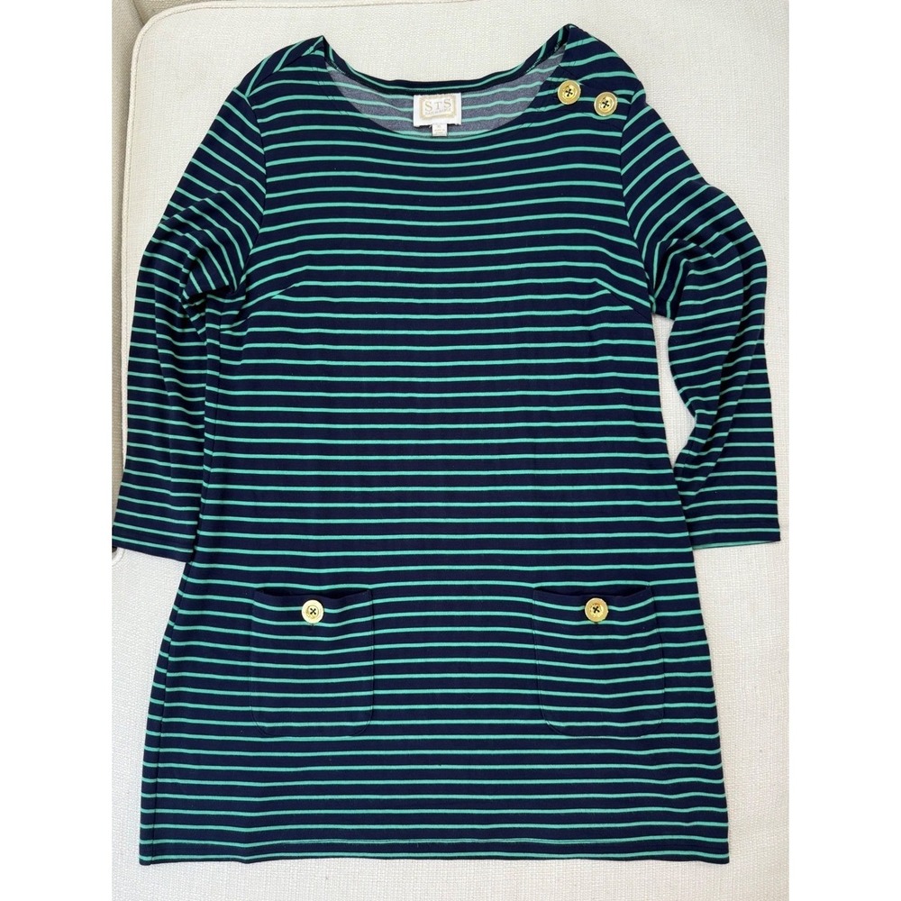Sail to Sable Dress Womens XL Striped Gold Button Pocket Tunic Knit Excellent